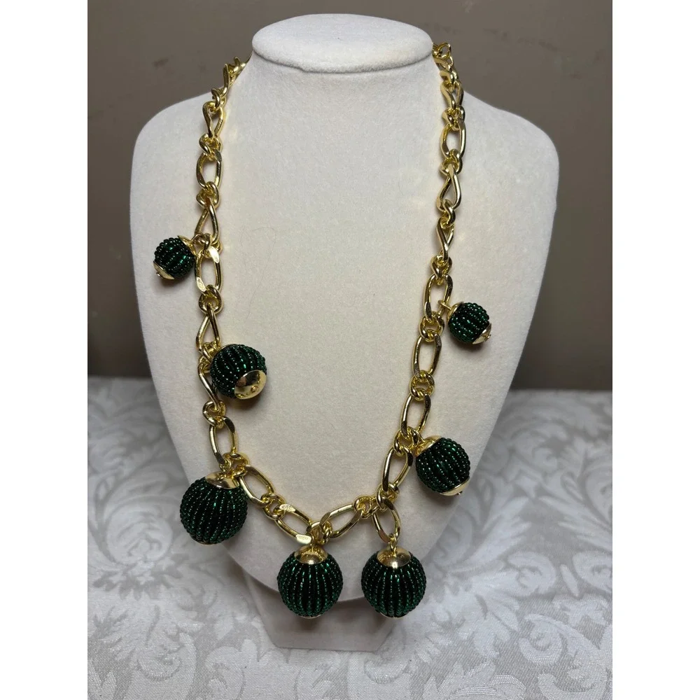 Talbots Gold Tone Chunky Link Necklace Green Beaded Ball Charms Statement 20in